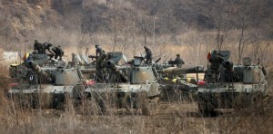 South Korean soldiers take part in a military exercise, near the demilitarized zone in Paju