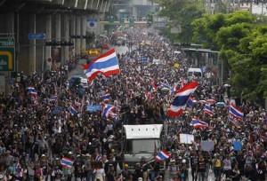 Anti-government protesters march toward Thailand's Finance Ministry in Bangkok