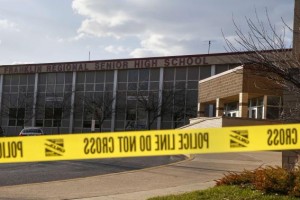 Police tape is seen outside Franklin Regional High School after a series of knife attacks in Murrysville