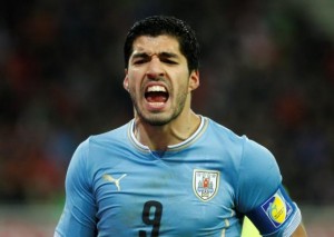 Uruguay'sSuarez reacts during their international friendly soccer match against Austria in Klagenfurt