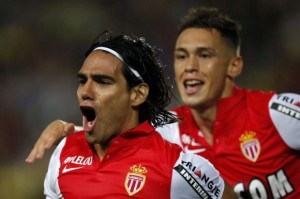Monaco's Radamel Falcao (L) celebrates after scoring against Nantes during their French Ligue 1 soccer match at the Beaujoire in Nantes