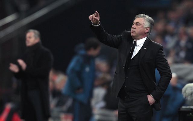 Real Madrid's coach Ancelotti gestures during their Champions League soccer match against Schalke 04 in Gelsenkirchen