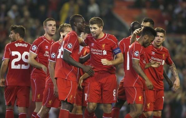 Liverpool's Gerrard celebrates after scoring a penalty against Ludogorets during their Champions League soccer match at Anfield in Liverpool