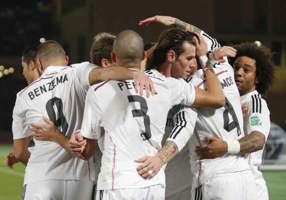 Sergio Ramos of Spain's Real Madrid celebrates with his teammates after scoring against Mexico's Cruz Azul during their semi-final soccer match in FIFA Club World Cup at Marrakech stadium