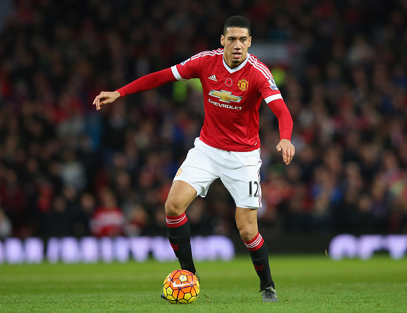 MANCHESTER, ENGLAND - NOVEMBER 07: Chris Smalling of Manchester United during the Barclays Premier League match between Manchester United and West Bromwich Albion at Old Trafford on November 7, 2015 in Manchester, England. (Photo by Alex Livesey/Getty Images)