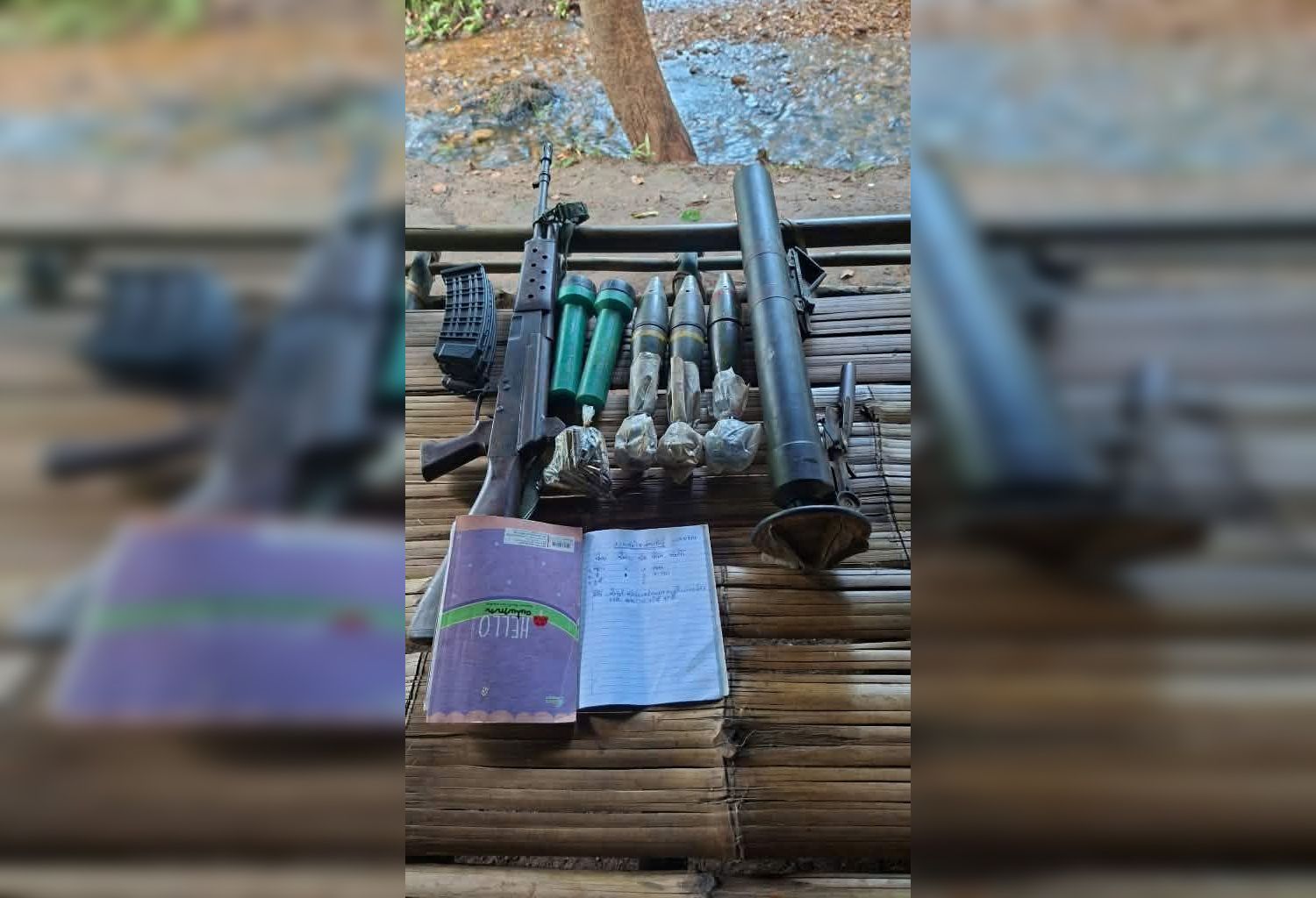 ဖမ်းဆီးရမိသည့် စစ်သုံ့ပန်းနှင့် စစ်လက်နက်များ။ (Photo: KNU)