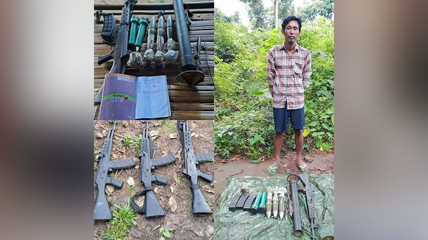 သိမ်းဆည်းရခဲ့သည့် လက်နက်ခဲယမ်းအချို့နှင့် စစ်သုံ့ပန်းတဦး။ (Photo: KNU)