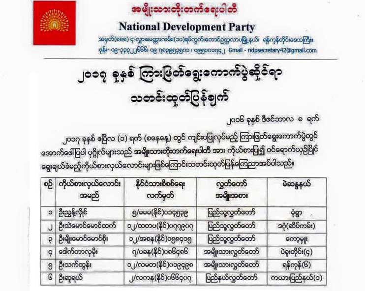 အမ်ဳိးသားတိုးတက္ေရးပါတီ ၾကားျဖတ္ေရြးေကာက္ပြဲတြင္ ၆ ေနရာယွဥ္ၿပဳိင္မည္
