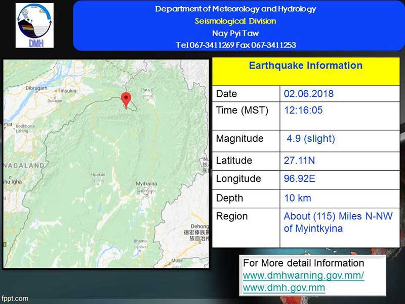 ျမန္မာ-အိႏၵိယနယ္စပ္တြင္ အင္အား ၄.၉ အဆင့္ရွိ ငလ်င္လႈပ္ခတ္