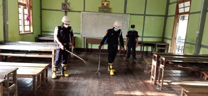 Facility Quarantine ထားရှိရန် မြေပုံမြို့နယ် အ.ထ.က စာသင်ကျောင်းကို ပိုးသတ်ဆေးဖျန်း