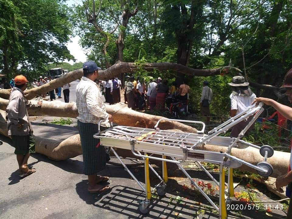 ကျုံပျော်-ဟင်္သာတ ကားလမ်းတွင် မောင်းနှင်လာသည့် ဆိုင်ကယ်ပေါ် သစ်ပင်ပိ၊ လူ ၂ ဦး ဒဏ်ရာရ