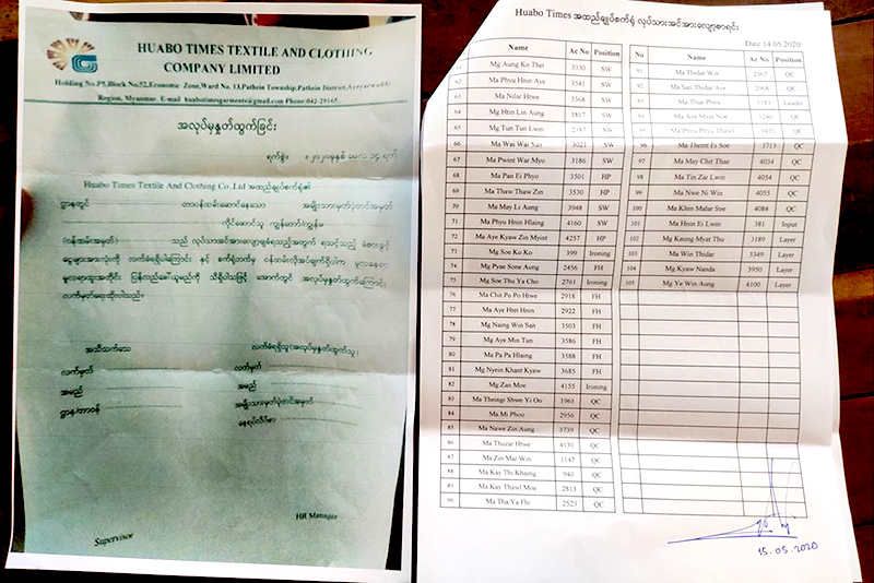 ပုသိမ်မြို့ ဟွာဘိုဒိုင်း အထည်ချုပ်စက်ရုံက အလုပ်သမား ၁၀၀ ကျော် အလုပ်ထုတ်ခံရ