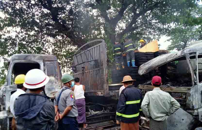 ကျောက်တံခါးမြို့နယ်၌ ဆီဘောက်ဆာကားနှင့် ကုန်တင်ကားတိုက်မိ၊ လူ ၁ ဦး  မီးလောင်သေဆုံး