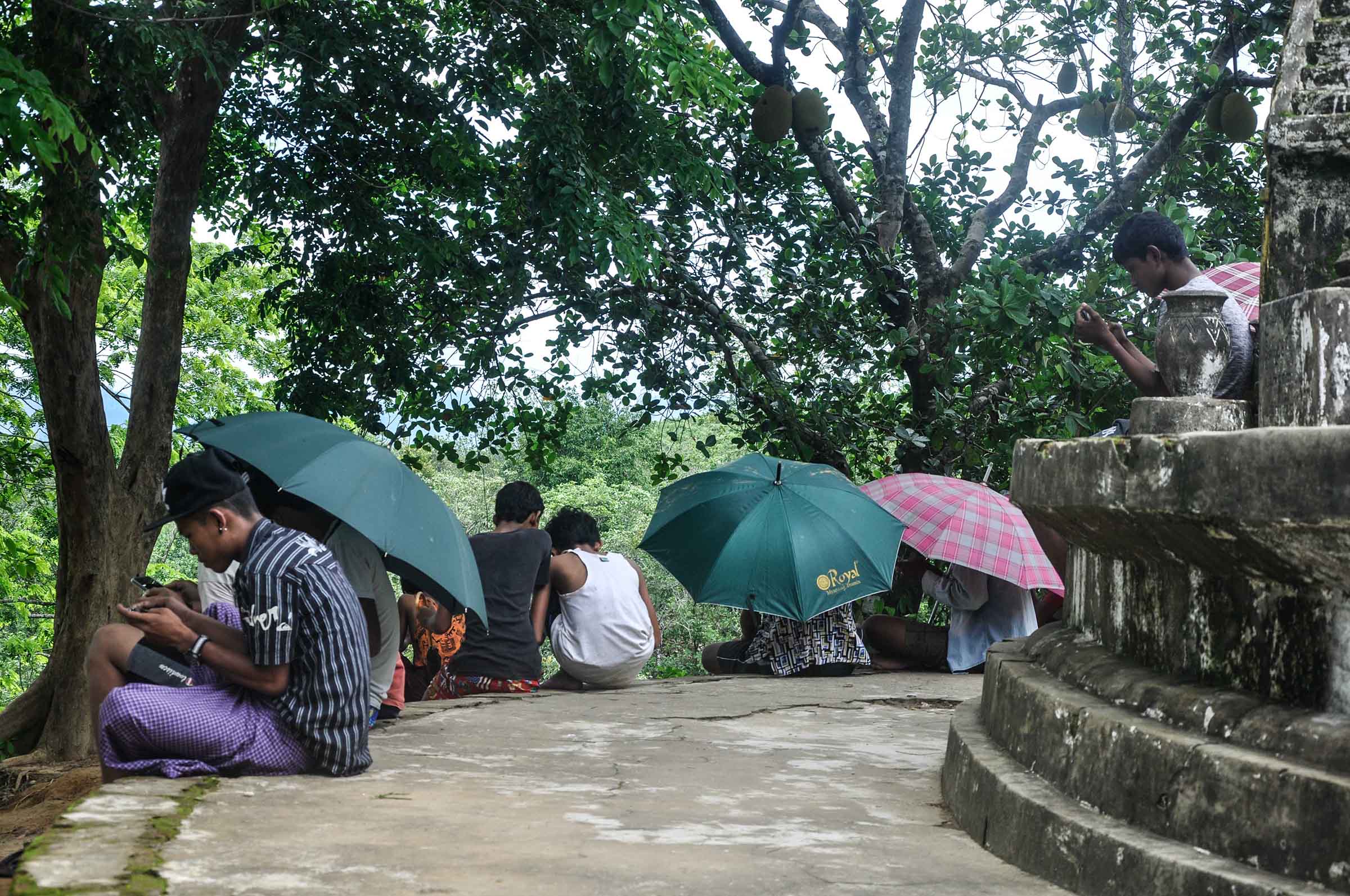 တောင်ထိပ်ပေါ်တက်ပြီး ခက်ခက်ခဲခဲ အင်တာနက်သုံးနေကြရသည့် ဘူးသီးတောင်မြို့က လူငယ်များ (ဓာတ်ပုံ)