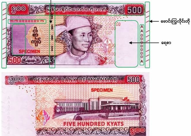 ဗိုလ်ချုပ်အောင်ဆန်းရုပ်ပုံပါ ၅၀၀ ကျပ်တန်၏ ပုံသဏ္ဌာန်နှင့် အမှတ်အသားများ ထုတ်ပြန် 
