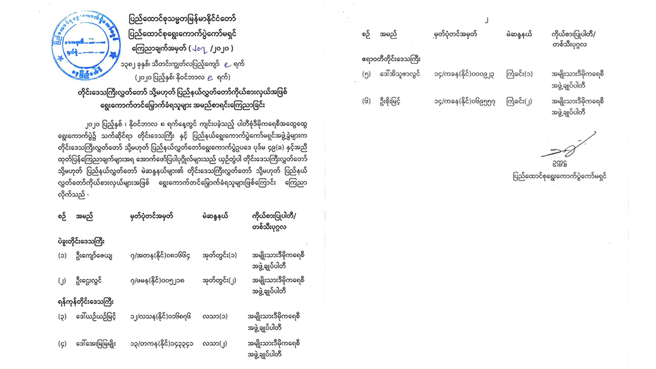 ရွေးကောက်တင်မြှောက်ခံ လွှတ်တော်ကိုယ်စားလှယ်များ ကော်မရှင်အတည်ပြု ထုတ်ပြန်