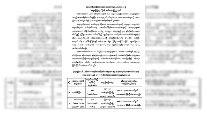 အချိုရည်၊ တော်ဖီ အပါအဝင် စားသုံးကုန် ၂၃ ခု စားသုံးရန် မသင့်ကြောင်း FDA  ကြေညာ