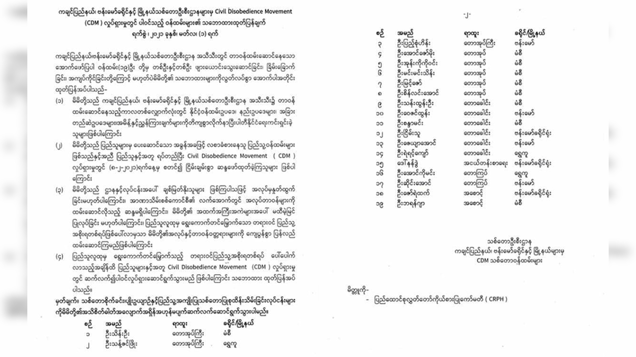 ပြည်သူ့အစိုးရ ပြန်တက်မှ တာဝန်ထမ်းမည်ဟု ဗန်းမော် CDM သစ်တောဝန်ထမ်းများ ထုတ်ပြန်