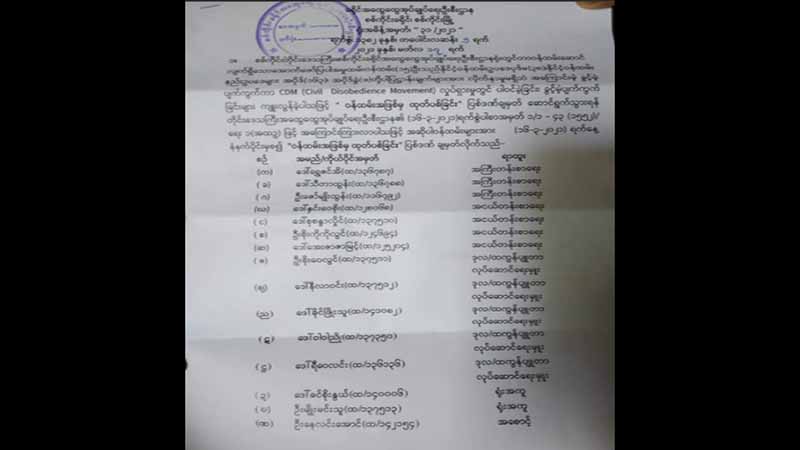 CDM ထွေ/အုပ်ဝန်ထမ်း ၁၅ ဦးကို အကြမ်းအာဏာသိမ်းစစ်ကောင်စီက အလုပ်ထုတ်