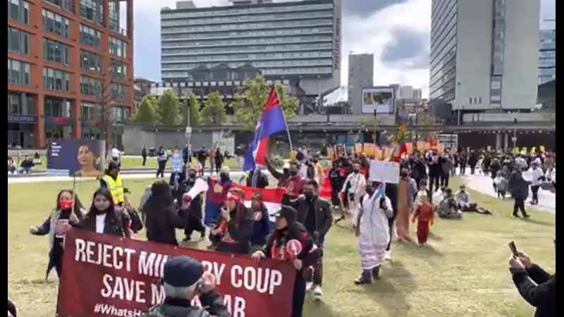 မြန်မာပြည်စစ်အာဏာသိမ်းမှုကို မန်ချက်စတာမြို့တွင် ဆန့်ကျင်ကန့်ကွက်ဆန္ဒပြ (ရုပ်သံ)