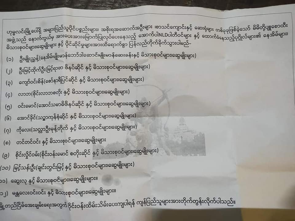 ဟုမ္မလင်းလွှတ်တော်ကိုယ်စားလှယ် ၂ ဦးအပါအဝင် ၁၂ ဦးကို ပျူစောထီးအဖွဲ့ ခြိမ်းခြောက်စာပို့