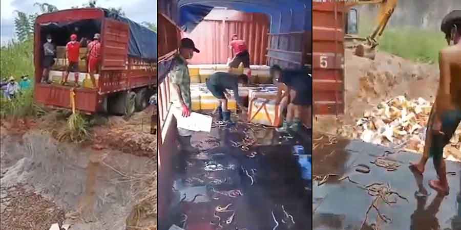 တရုတ်နိုင်ငံ ဝမ်တိန်ဘက်ရောက် မြန်မာ့ ပင်လယ်ထွက်ကုန်နှင့်ကုန်စိမ်းများ မြေမြှုပ်ပစ်ရ