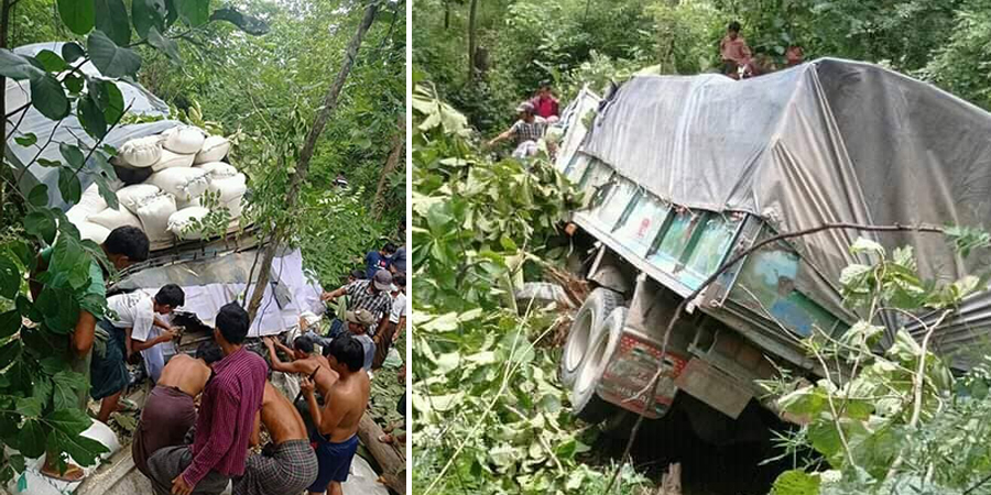 ပုလဲမြို့နယ်တွင် ကုန်တင်ကား တိမ်းမှောက်ပြီး ၁ ဦးသေ၊ ၁ ဦး ဒဏ်ရာရ