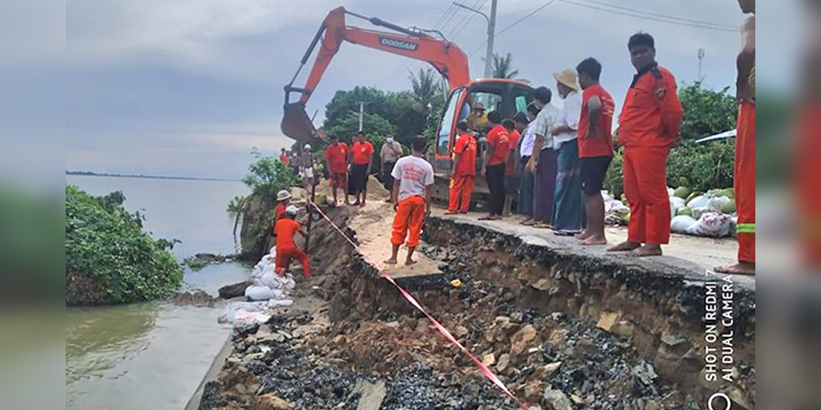 ကမ်းပါးပြိုကျခဲ့သည့် မြင်းမူကမ်းနားလမ်း ယာယီမြေထိန်းနံရံ ပြုလုပ်ပြီးစီး