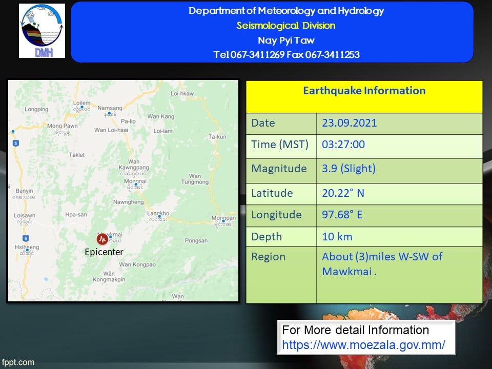 မောက်မယ်မြို့အနီး အင်အားအနည်းငယ်ရှိ ငလျင်လှုပ်