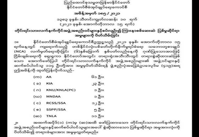 တိုင်းရင်းသားလက်နက်ကိုင်အဖွဲ့များနှင့်ဆက်နွှယ်သူ ၁၁၄ ဦးကို အမှုပိတ်သိမ်း ပြန်လွှတ်