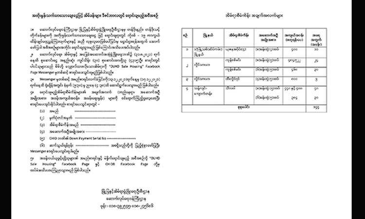 တန်ဖိုးနည်း၊တန်ဖိုးသင့် တိုက်ခန်းပေါင်း ၁၀၀ ကျော်ကို မဲနှိုက်ရောင်းချပေးမည်