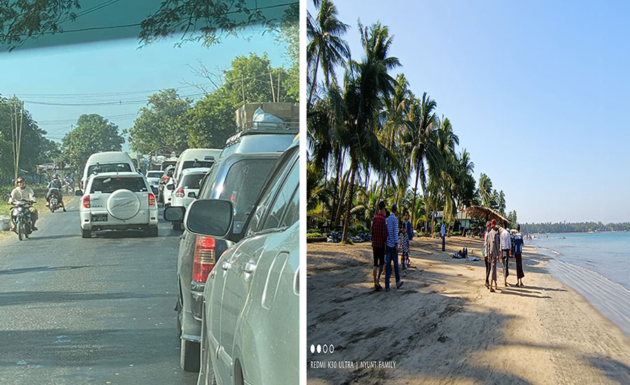 ချောင်းသာ၊ ငွေဆောင်ကမ်းခြေသို့ ဧည့်သည်အလာများပြီး  ပုသိမ်-ရန်ကုန် ကားလမ်းပိတ်နေ