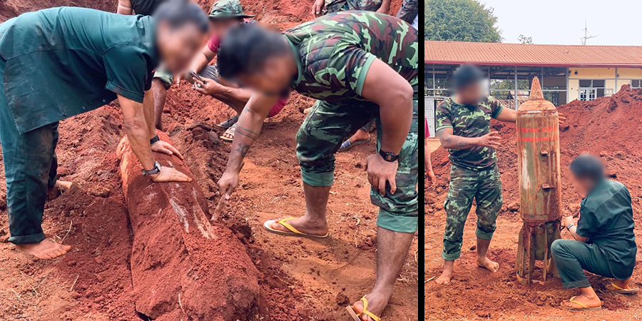 စစ်ကောင်စီလေတပ်က ကြဲချခဲ့သည့် မပေါက်ကွဲသေးသည့်ဗုံး ၁ လုံးကို ကရင်နီတပ်များ တူးဖော် (ဓာတ်ပုံ)