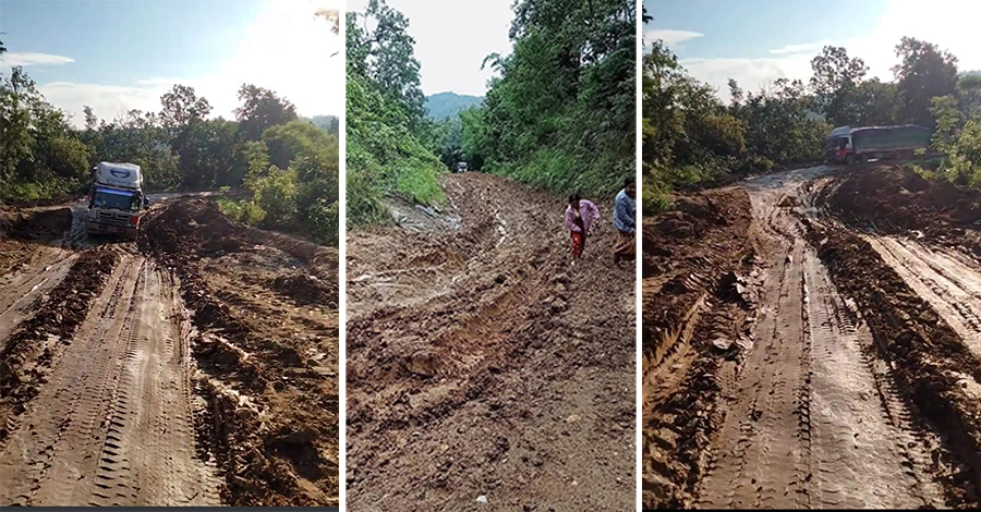 မိုးများပြီး လမ်းကြောပျက်စီးနေသဖြင့် ကလေးဝ-မဟာမြိုင်လမ်းပိတ်နေ