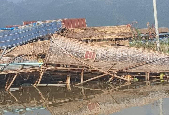 အင်းလေးတွင်ရေပြန်တက်လာပြီး လေပြင်းတိုက်သဖြင့်ပျက်သွားသောအိမ်များ  ပြန်မပြင်နိုင်သေး