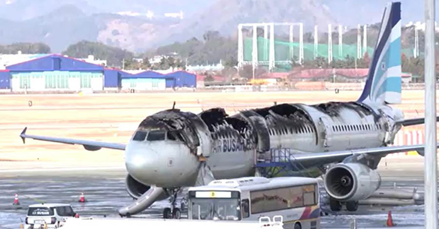 ဘူဆန်လေဆိပ်တွင် AirBus လေယာဉ် မီးလောင်ပြီး လူ ၇ ဦး ဒဏ်ရာရ 