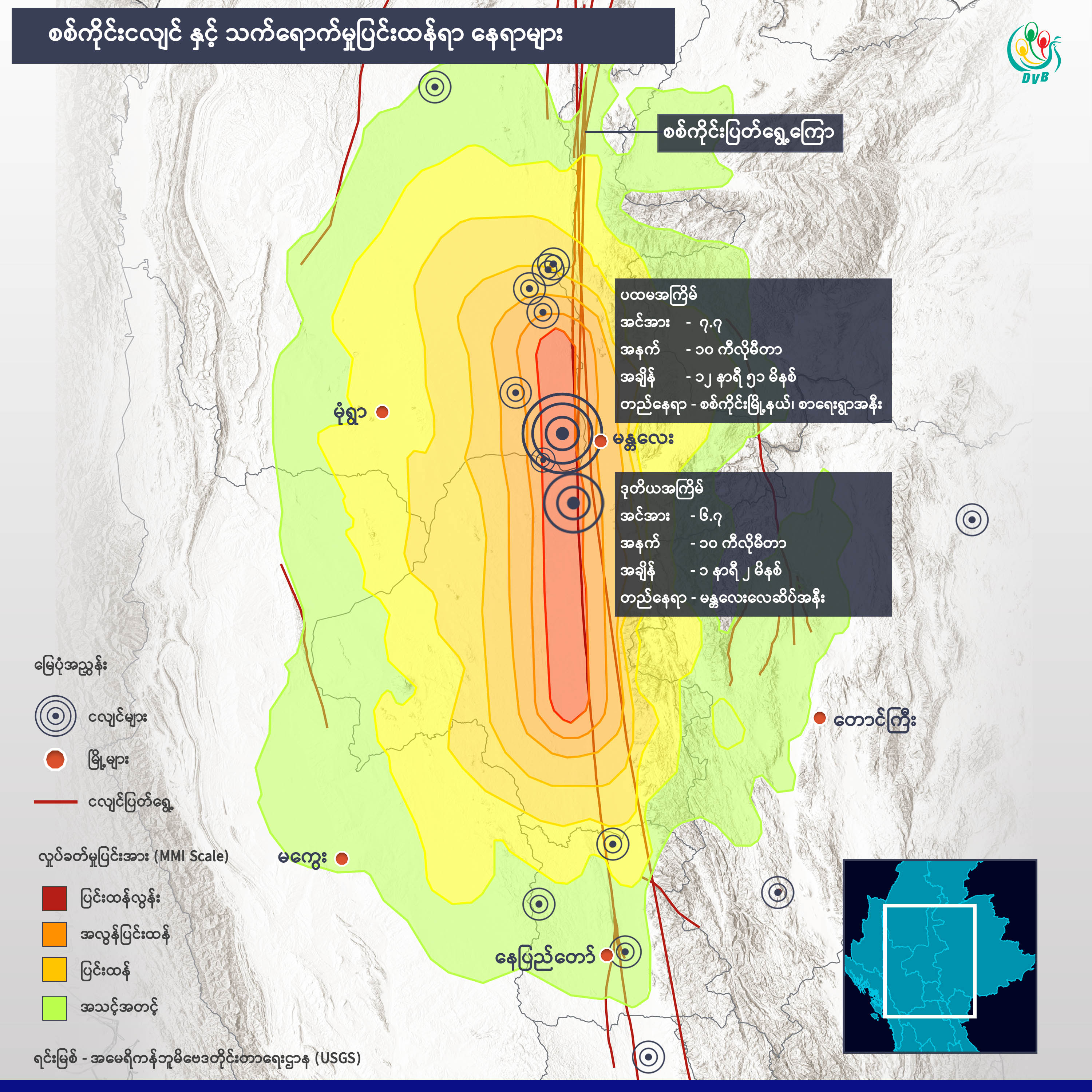 စစ်ကိုင်းငလျင်နှင့် သက်ရောက်မှုပြင်းထန်ရာနေရာများ (Infographic)