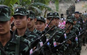 KNU army soldiers march to commemorate the 63rd anniversary of Karen Revolution Day at Oo Kray Kee Township