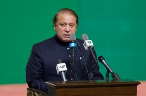 Pakistan's Prime Minister Nawaz Sharif addresses attendees at a flag raising ceremony to mark the country's 67th Independence Day in Islamabad